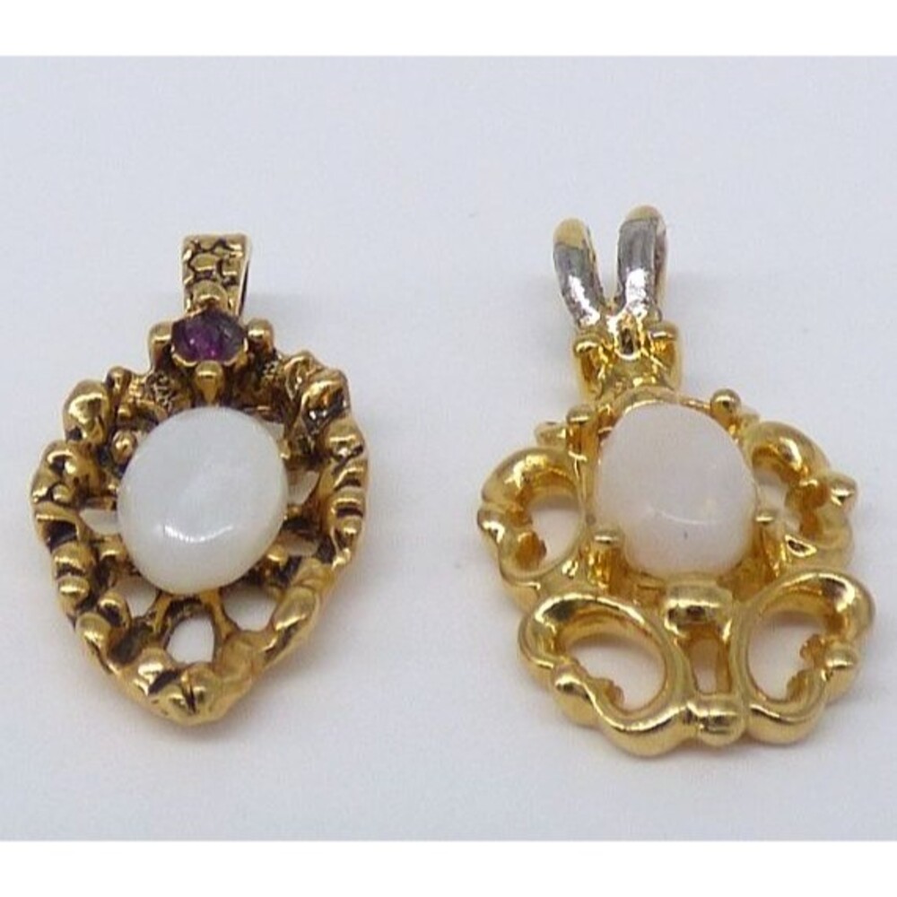 Set of 2 Gold Tone Faux Opal Pendant Charms Ornate Openwork Designs Vintage